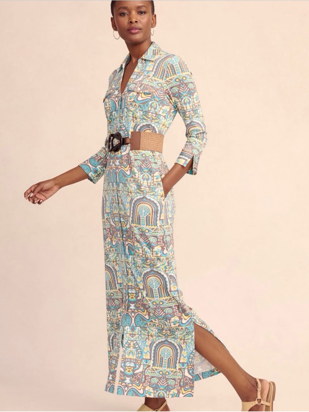 J McLaughlin Medium Brynn Maxi Dress Yucatan Mural Brown Aqua Catalina Cloth